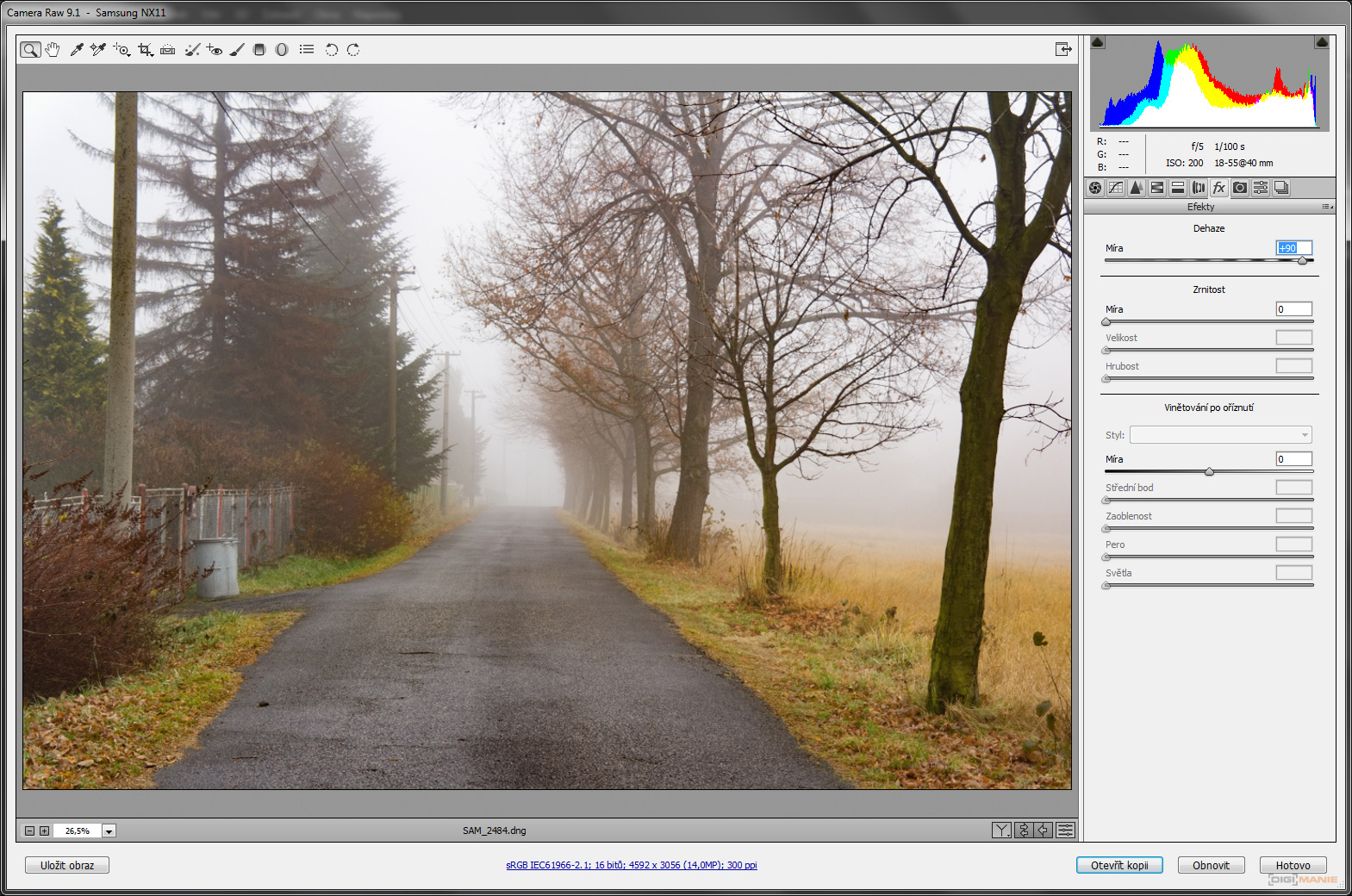 Adobe Camera Raw 9.1 s funkcí Dehaze pro odstranění mlhy