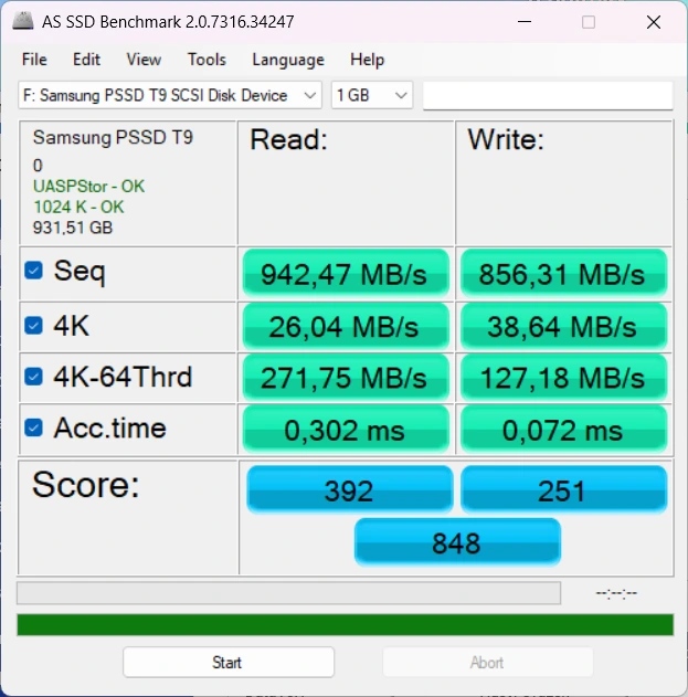Samsung T9 SSD (AS SSD, USB 3.2 Gen2x1)