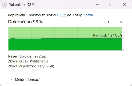 Samsung T9 SSD (čtení z SSD ve Windows)