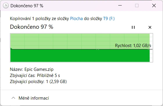 Samsung T9 SSD (zápis na SSD ve Windows)