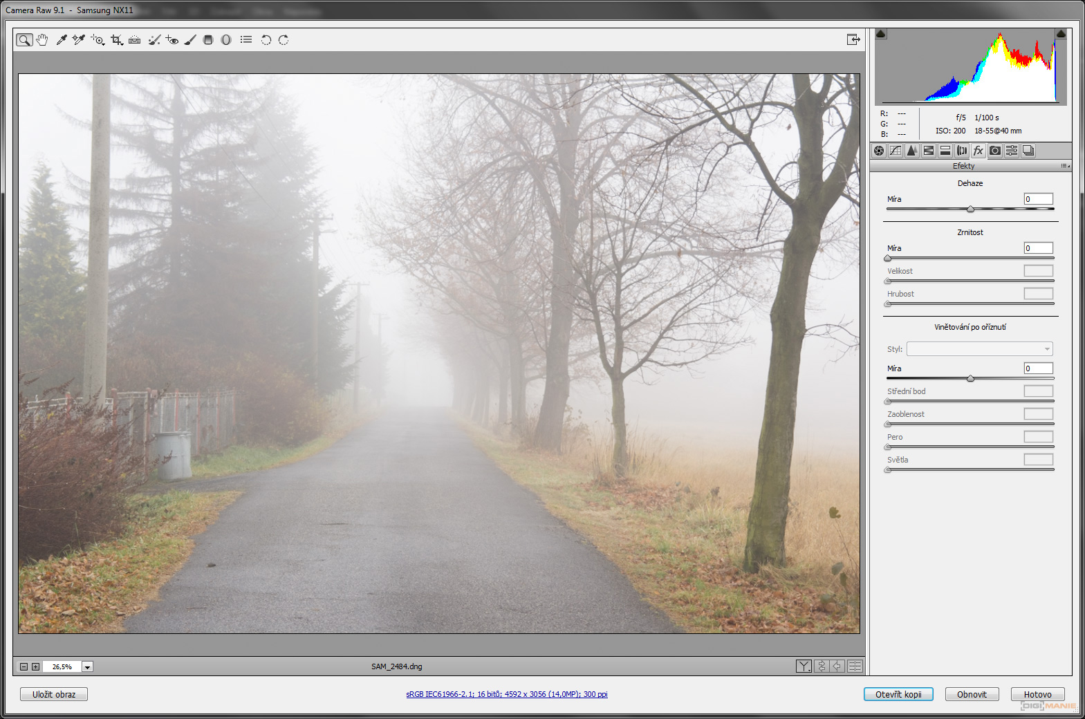 Adobe Camera Raw 9.1 s funkcí Dehaze pro odstranění mlhy