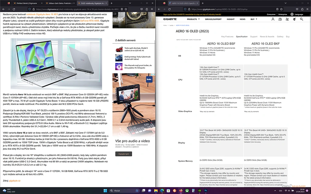 Gigabyte Aero 16 BSF: velké zlepšení a RTX 4070 k tomu