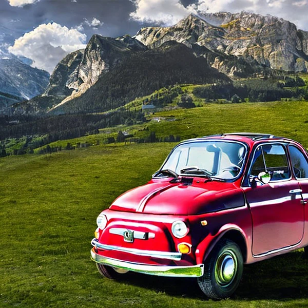 Červený Fiat 500 v Alpách 
