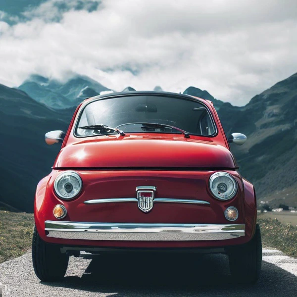 Červený Fiat 500 v Alpách (DALL-E)
