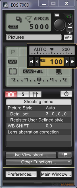 Canon EOS 700D EOS Utility panel