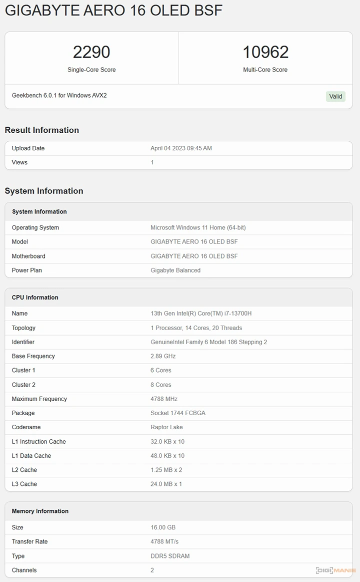 Gigabyte Aero 16 BSF Geekbench 6