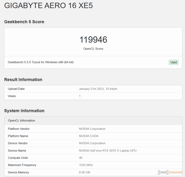 Gigabyte Aero 16 XE5 Geekbench OpenCL