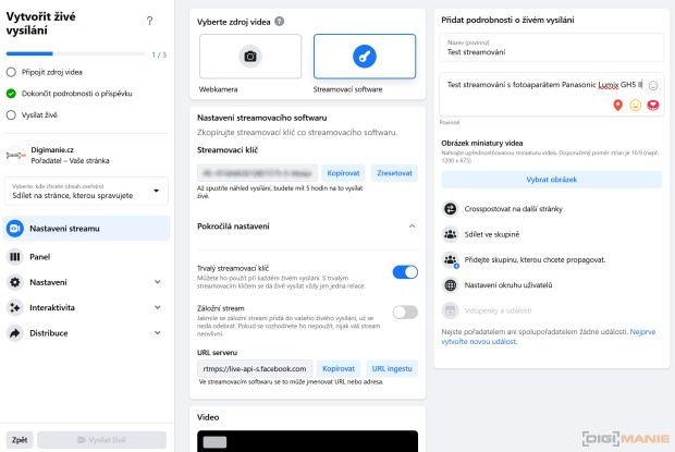 Panasonic Lumix GH5 II streamování přes Facebook